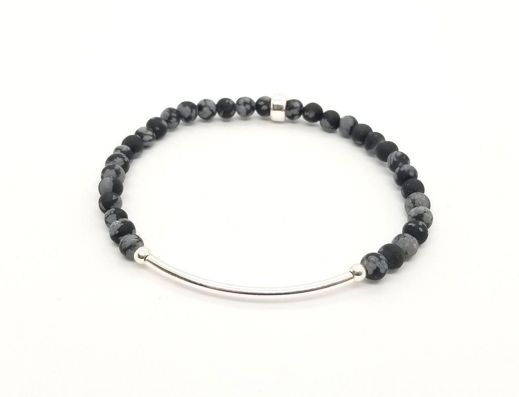 4mm Snowflake Obsidian Silver Bar Bracelet