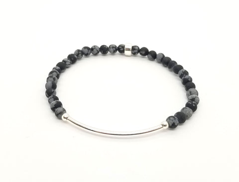 4mm Snowflake Obsidian Silver Bar Bracelet