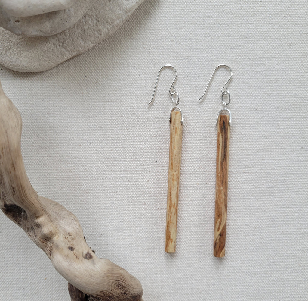 The Caramel - Spalted Maple Wood Octagon Column Silver Hook Earrings