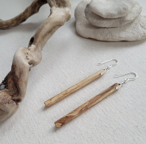 The Caramel - Spalted Maple Wood Octagon Column Silver Hook Earrings