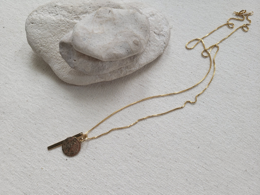 The Ania - Gold Hammered Saint Christopher Medallion and Gold Bar Necklace