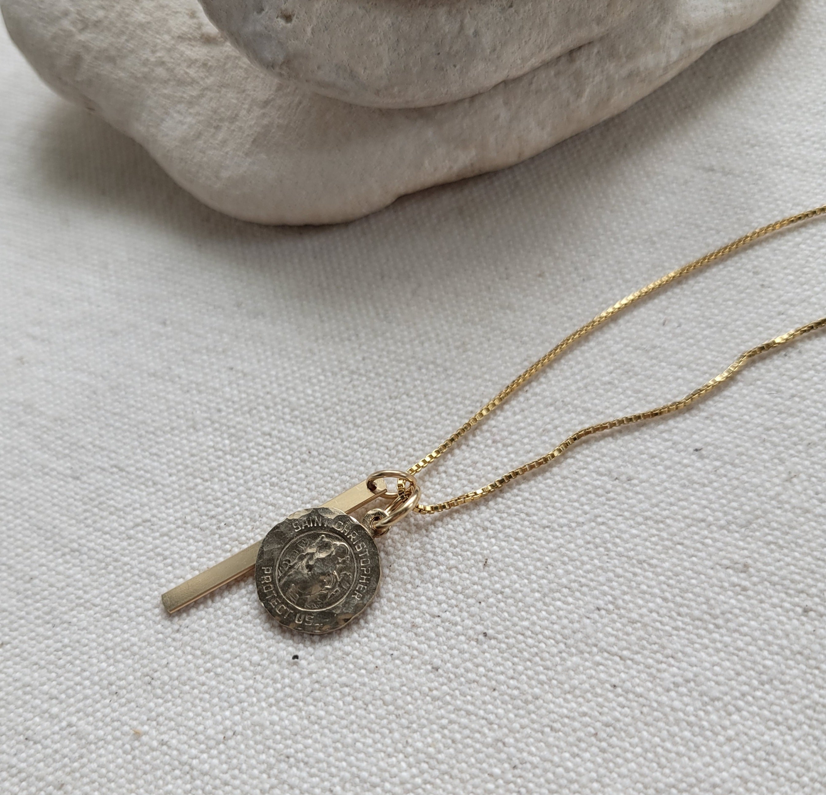 The Ania - Gold Hammered Saint Christopher Medallion and Gold Bar Necklace