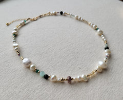The Beach Vibe - Pearl Multi Gemstone Gold Beaded Necklace