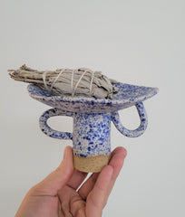 Blue Jean Pedestal Dish - Speckled Blue Ceramic Pottery Sculpture Dish Double Handle - Made to Order