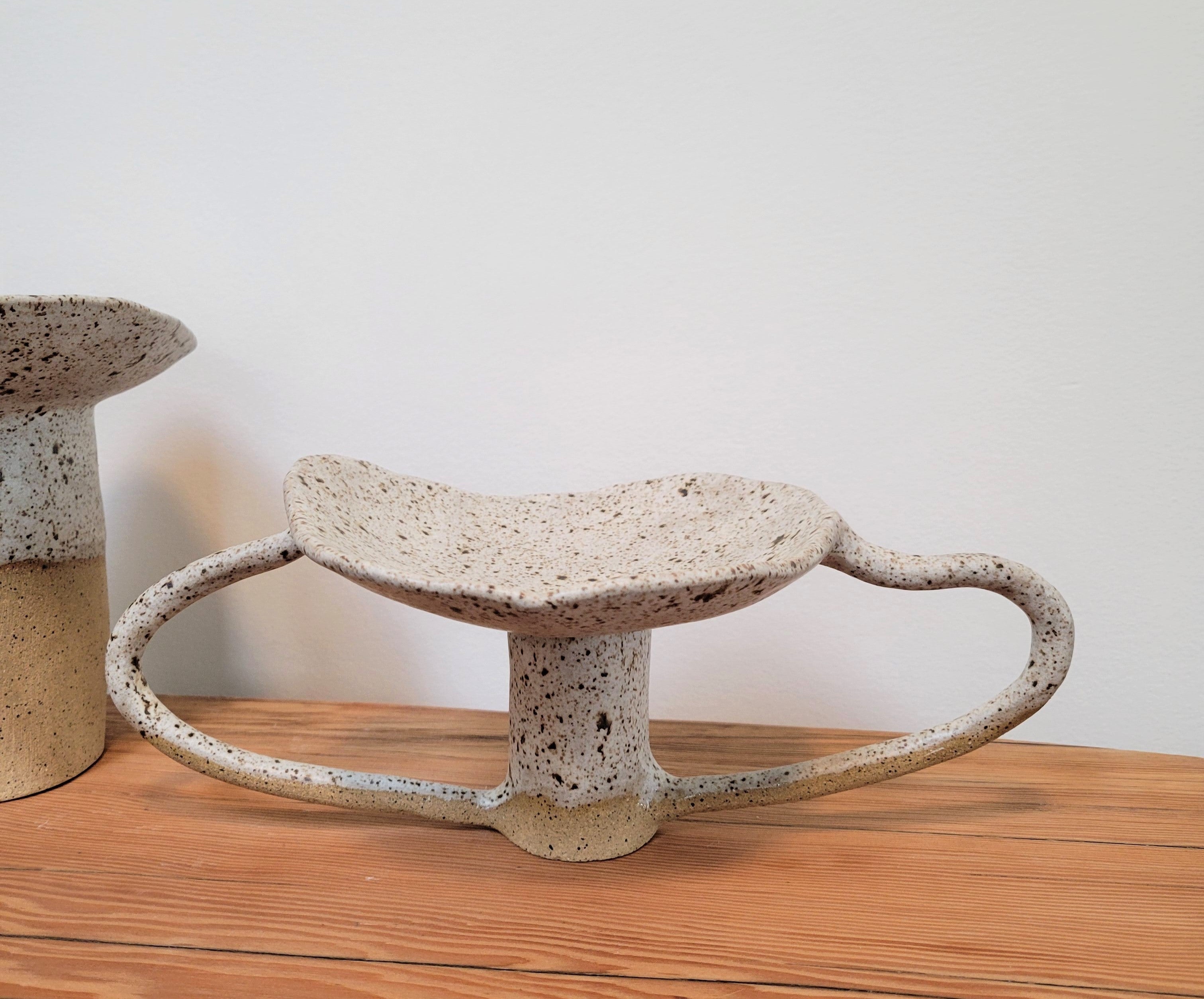 Quail Egg Pedestal Dish - Speckled Brown Cream Ceramic Pottery Sculpture Dish Double Handle- Made to Order