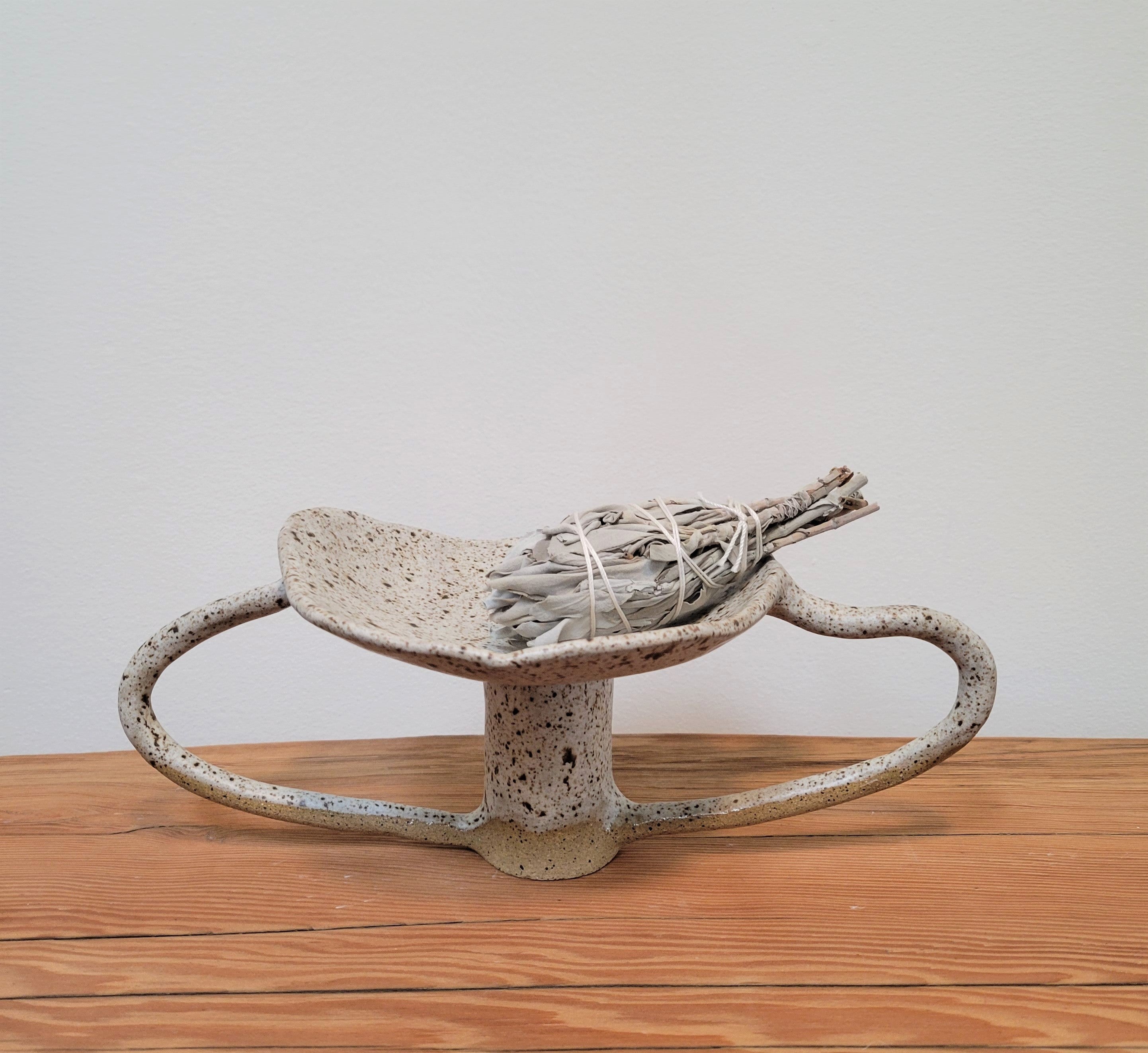 Quail Egg Pedestal Dish - Speckled Brown Cream Ceramic Pottery Sculpture Dish Double Handle- Made to Order