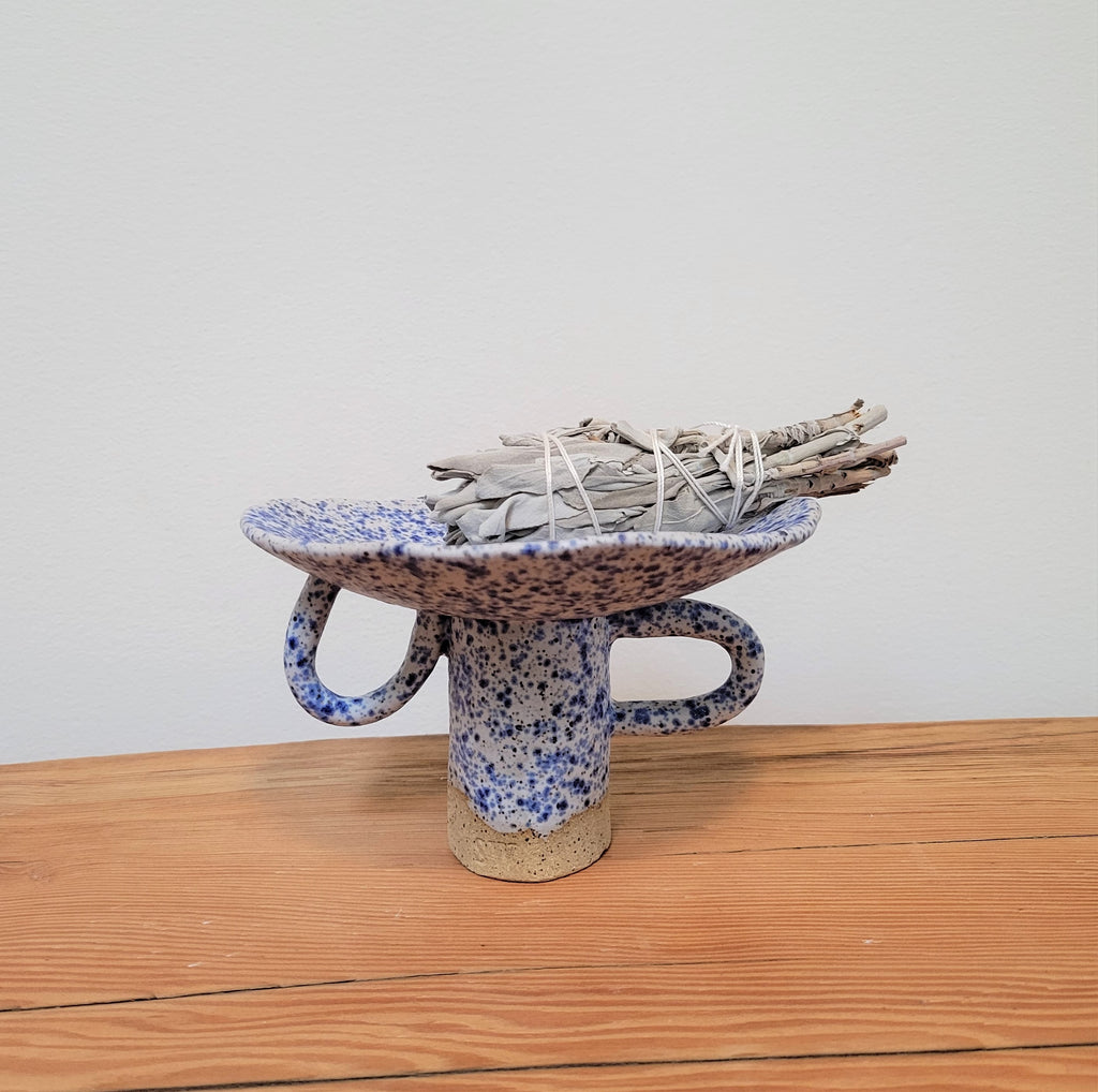 Blue Jean Pedestal Dish - Speckled Blue Ceramic Pottery Sculpture Dish Double Handle - Made to Order