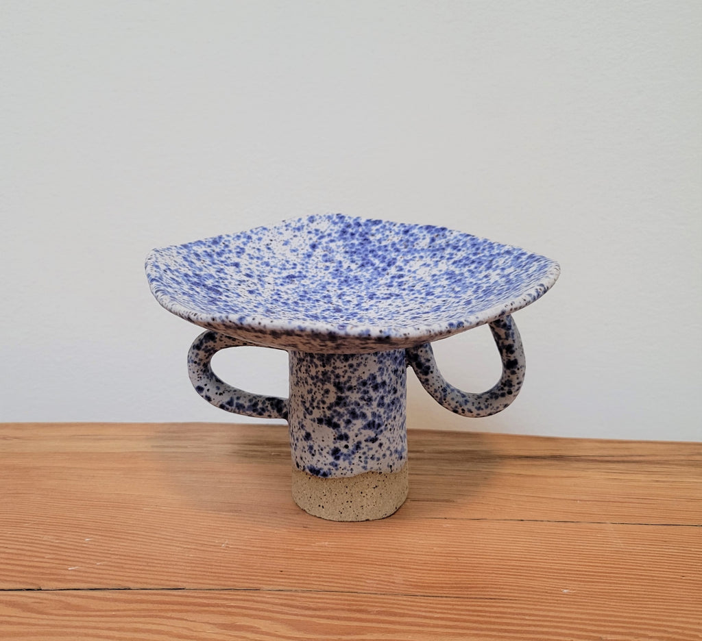 Blue Jean Pedestal Dish - Speckled Blue Ceramic Pottery Sculpture Dish Double Handle - Made to Order