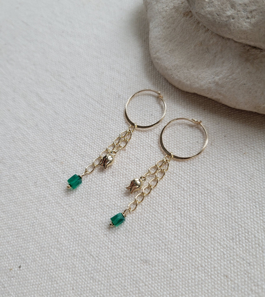 The Green Tulip - Green onyx  Gold Tulip Removable Charm Hoop Earrings