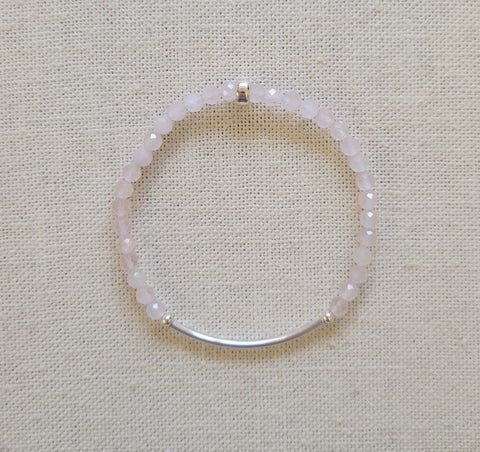 4mm Faceted Rose Quartz Silver Bar Bracelet