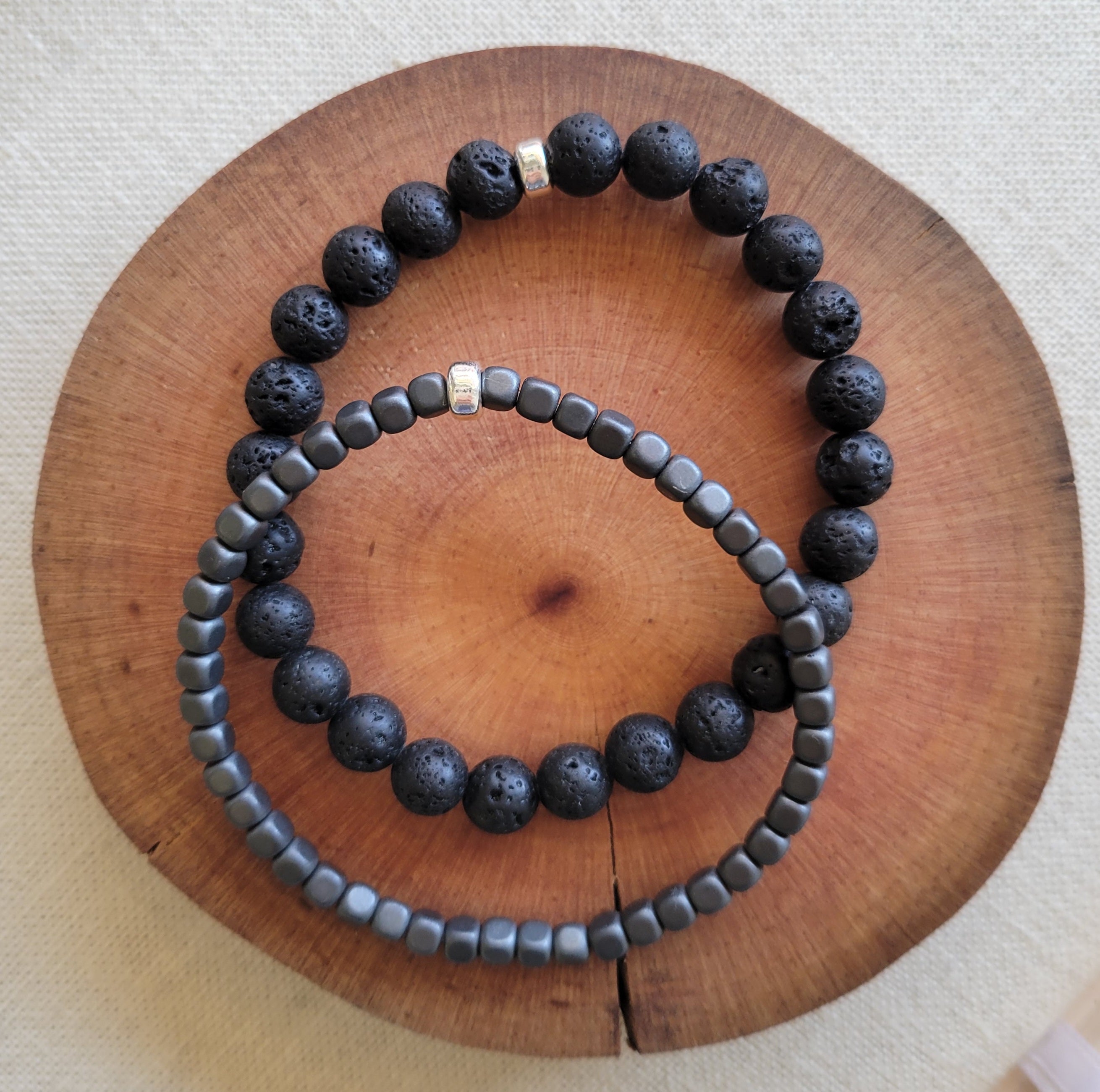 Lava and Dark Grey Hematite With Silver Bracelet Double Stack - OUT OF STOCk