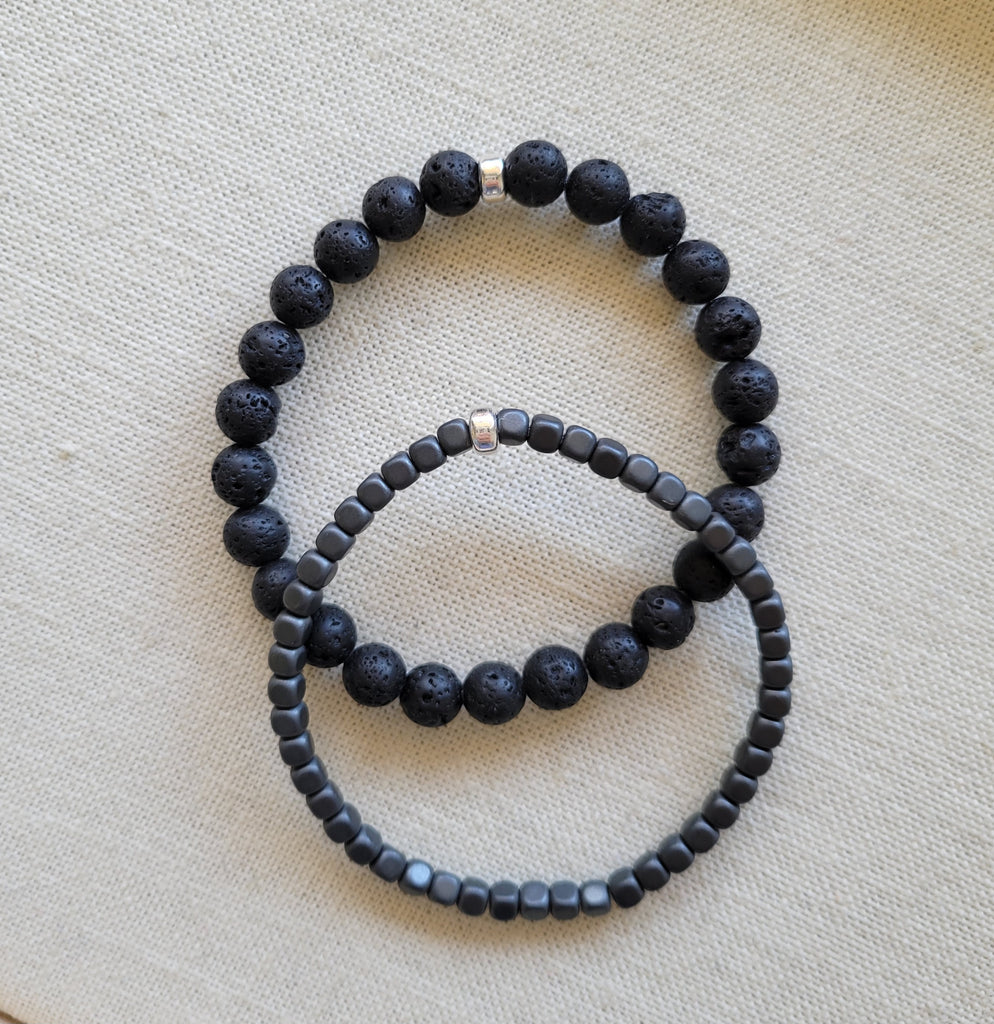 Lava and Dark Grey Hematite With Silver Bracelet Double Stack - OUT OF STOCk