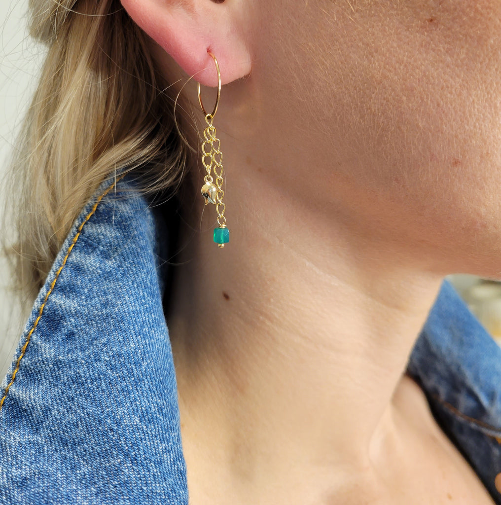 The Green Tulip - Green onyx  Gold Tulip Removable Charm Hoop Earrings
