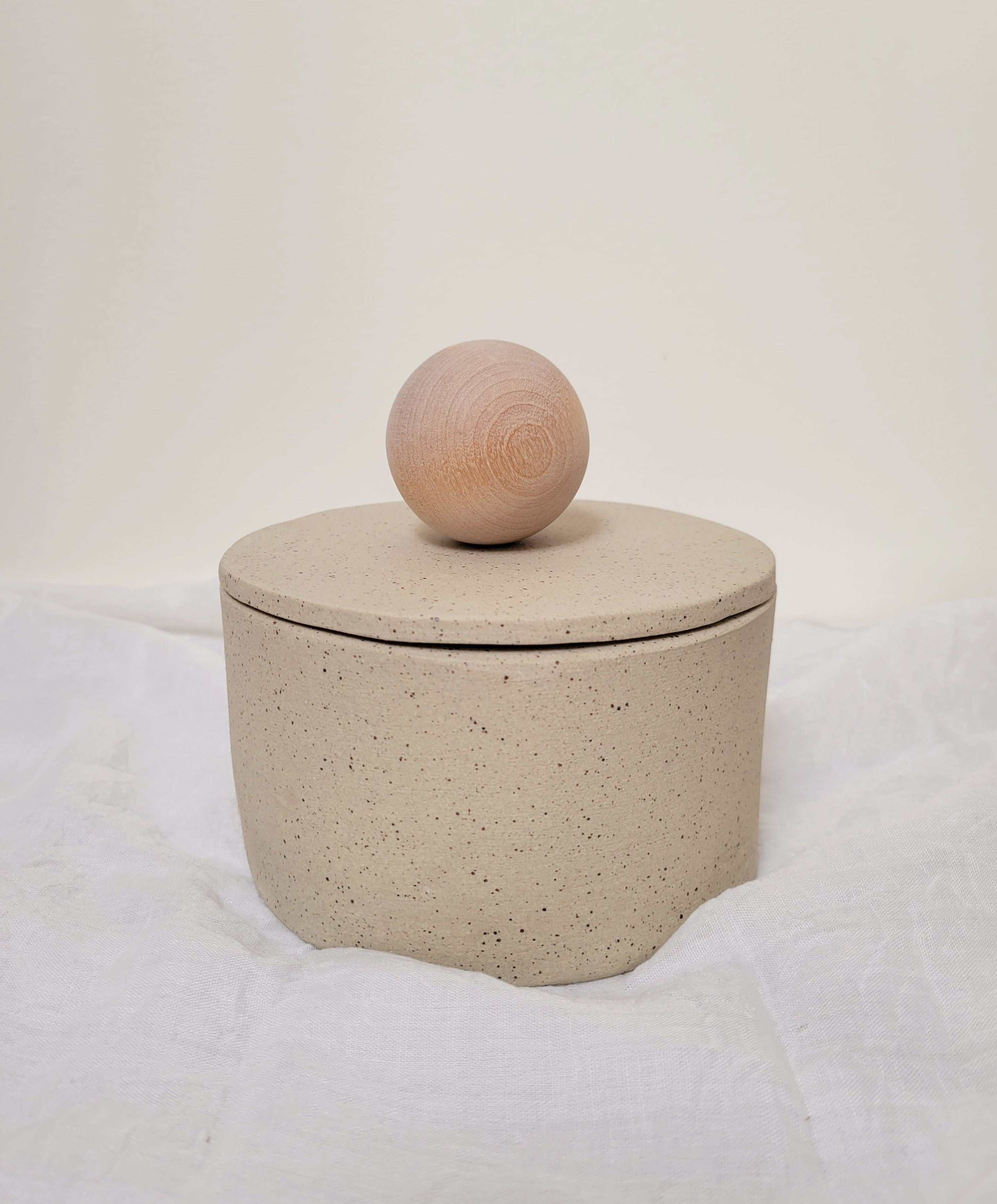 Cream Ceramic Pottery Container With Wood Ball - Made to Order