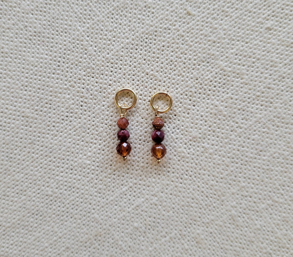 Triple Gem Orange Garnet Rhodonite goldstone Gold Charm (Single)