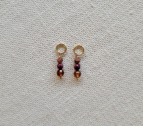 Triple Gem Orange Garnet Rhodonite goldstone Gold Charm (Single)