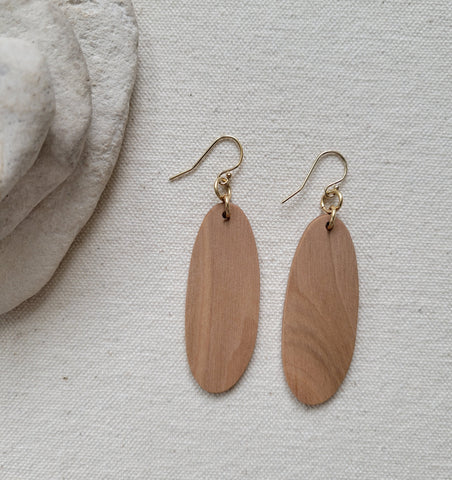 The Mielikki Goddess - Arbutus Wood Elongated Ovals Gold Hook Earrings