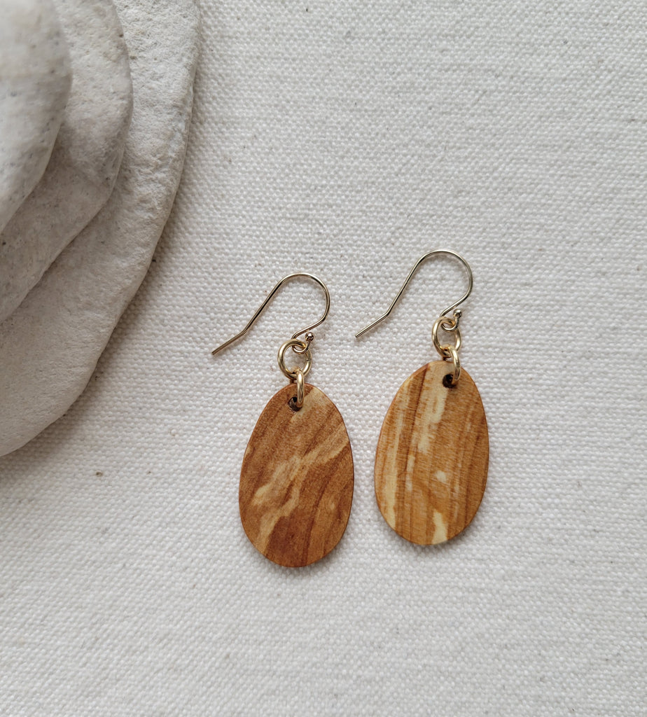 The Mielikki Goddess - Medium Spalted Maple Wood Oval Gold Hook Earrings