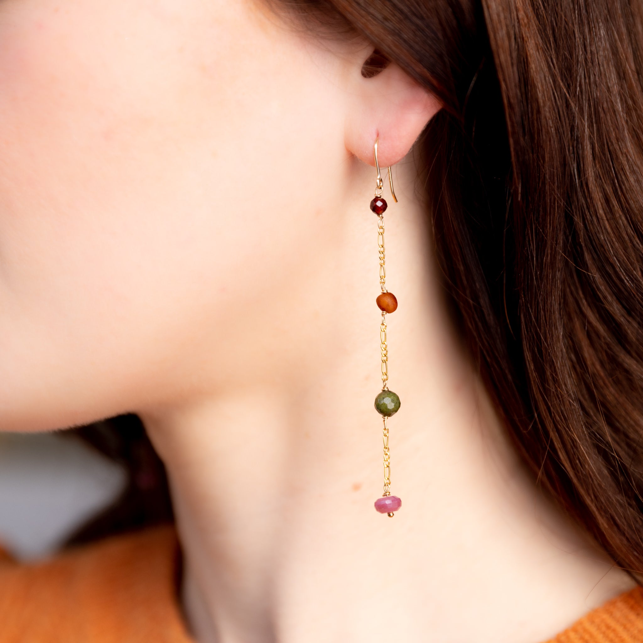 The Eileithyia Goddess - Garnet Ruby Jade Amber Gold Long Dangle Earrings
