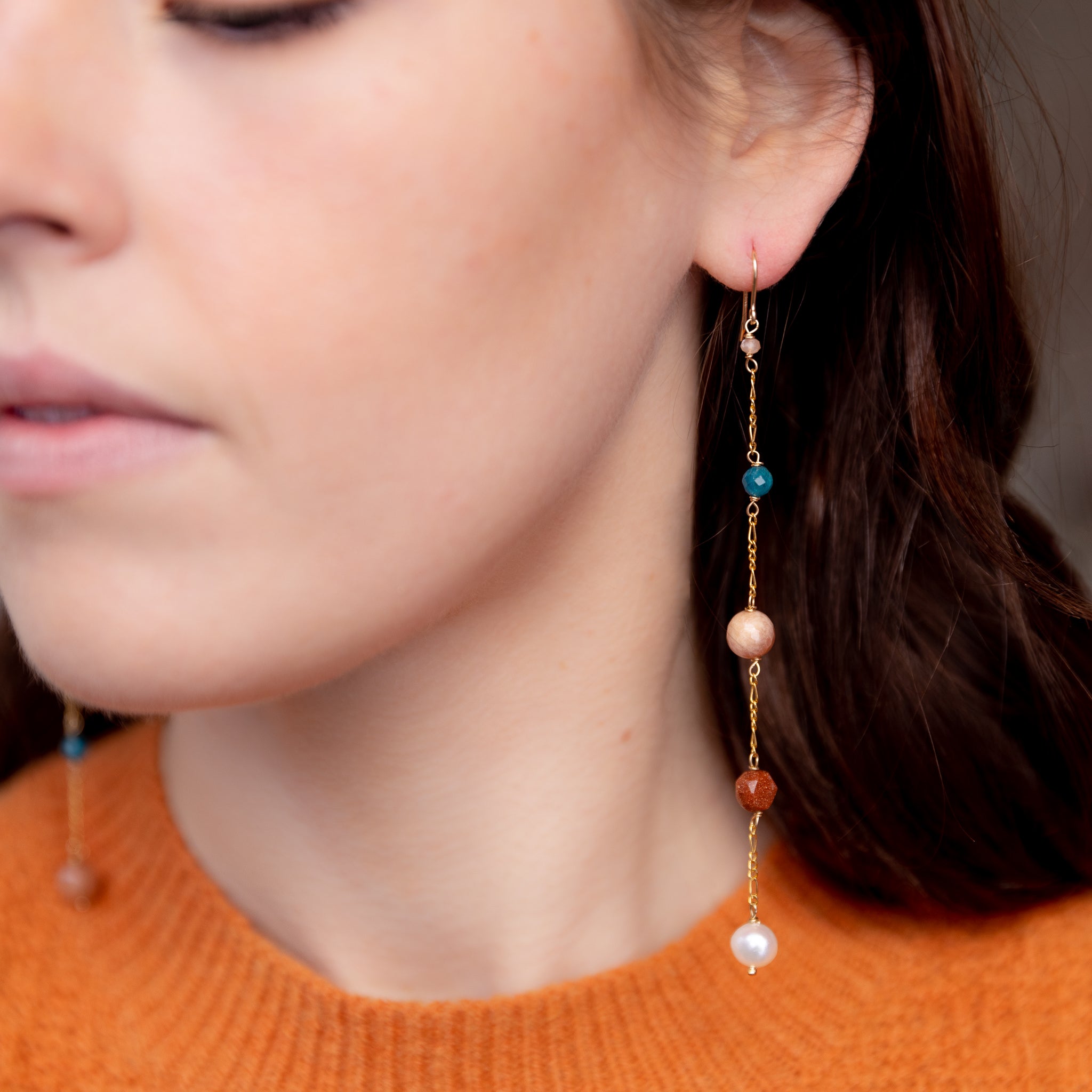 The Peitho Goddess - Asymmetrical Pearl Sunstone Goldstone Moonstone Apatite Gold Long Dangle Earrings