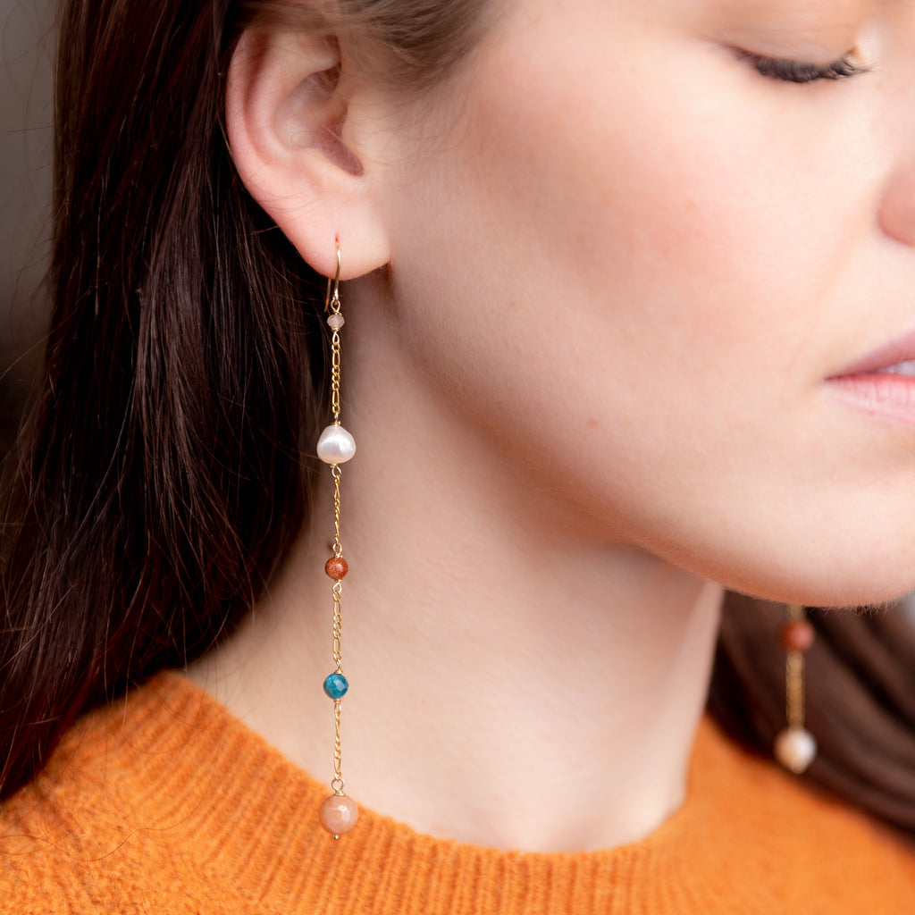 The Peitho Goddess - Asymmetrical Pearl Sunstone Goldstone Moonstone Apatite Gold Long Dangle Earrings