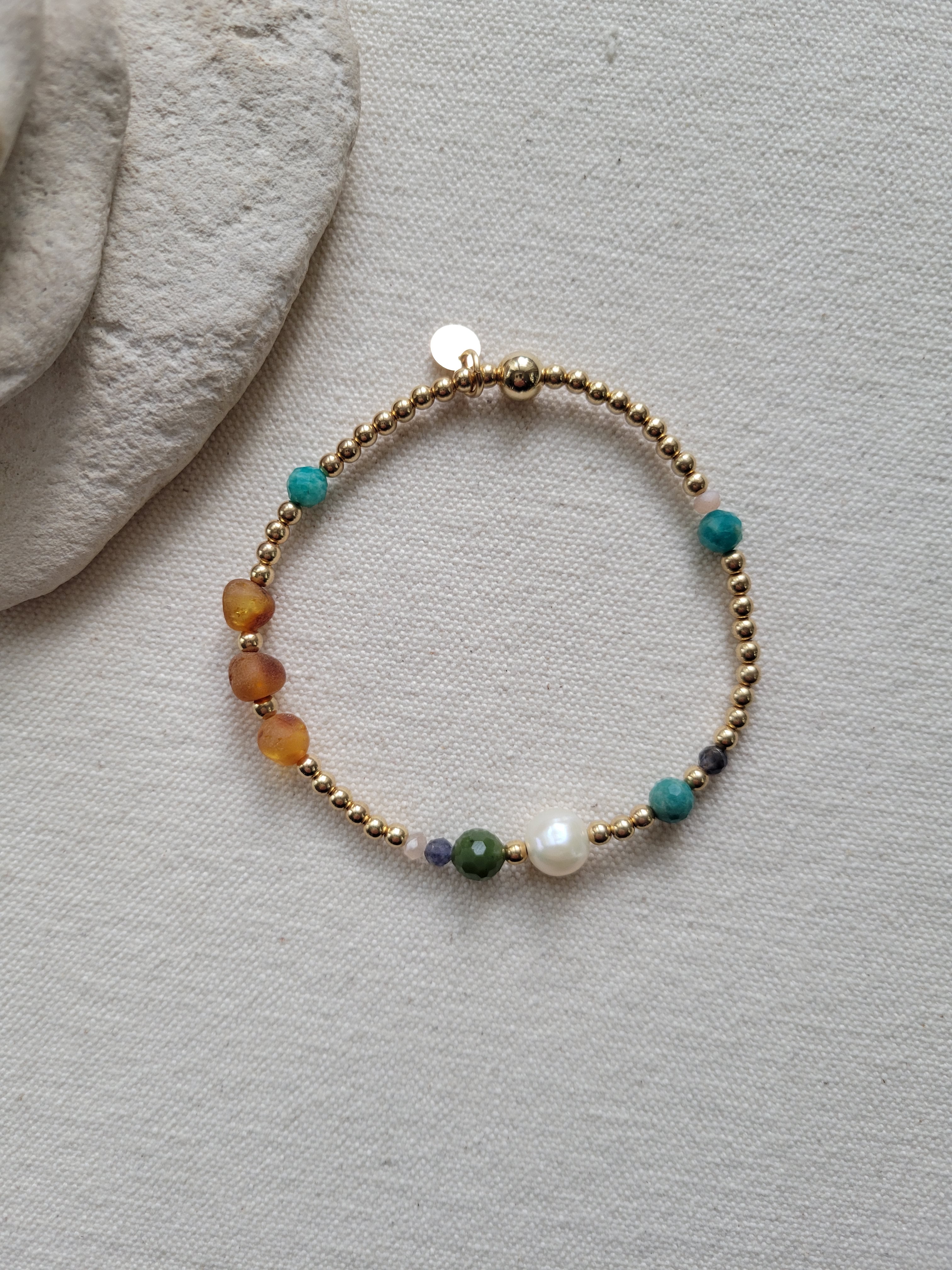 The Amazon - Gold , Amazonite, Amber, Jade, Iolite, Moonstone,  Pearl Bracelet