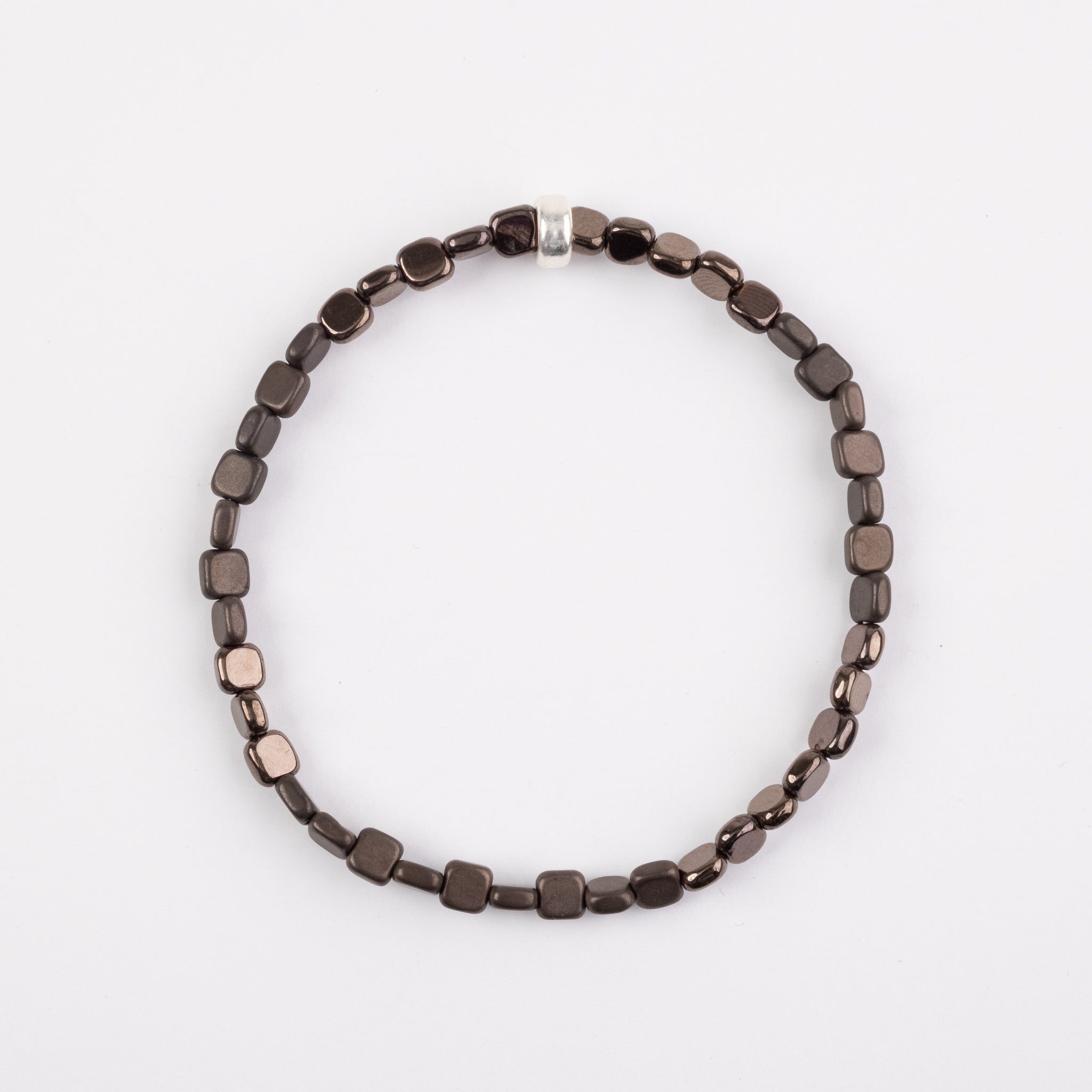 4mm Metallic Brown Gloss/Matte Hematite Skinny Square Silver Bracelet