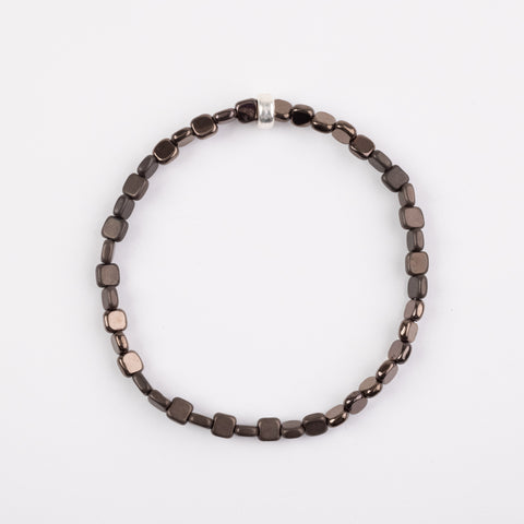 4mm Metallic Brown Gloss/Matte Hematite Skinny Square Silver Bracelet