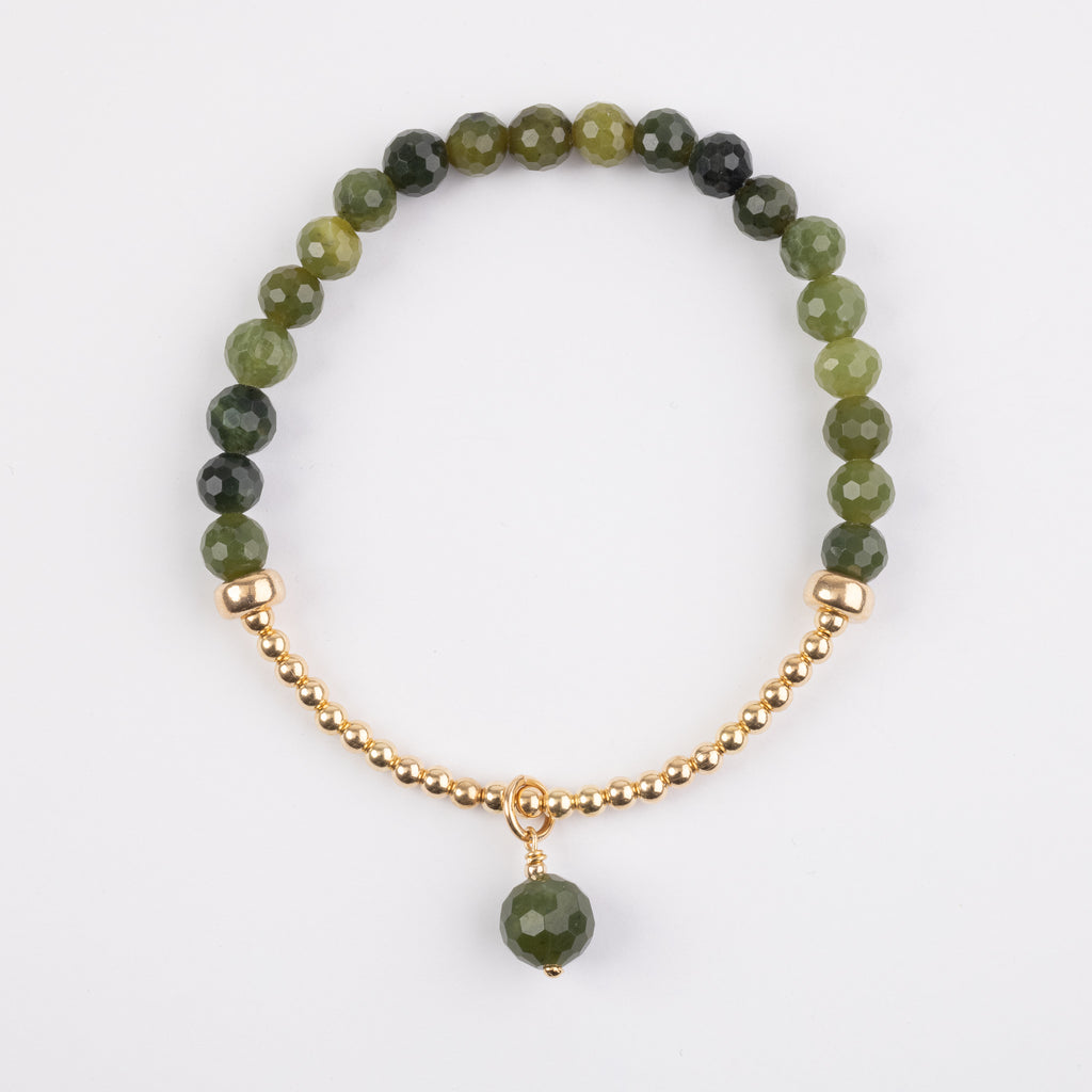 6mm Faceted Jade 3mm Gold Half And Half Charm Bracelet