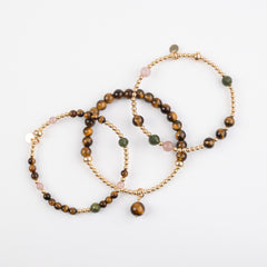 The Tiger Three - Tiger's Eye, Strawberry Quartz, BC Jade Gold Bracelet 3 Stack