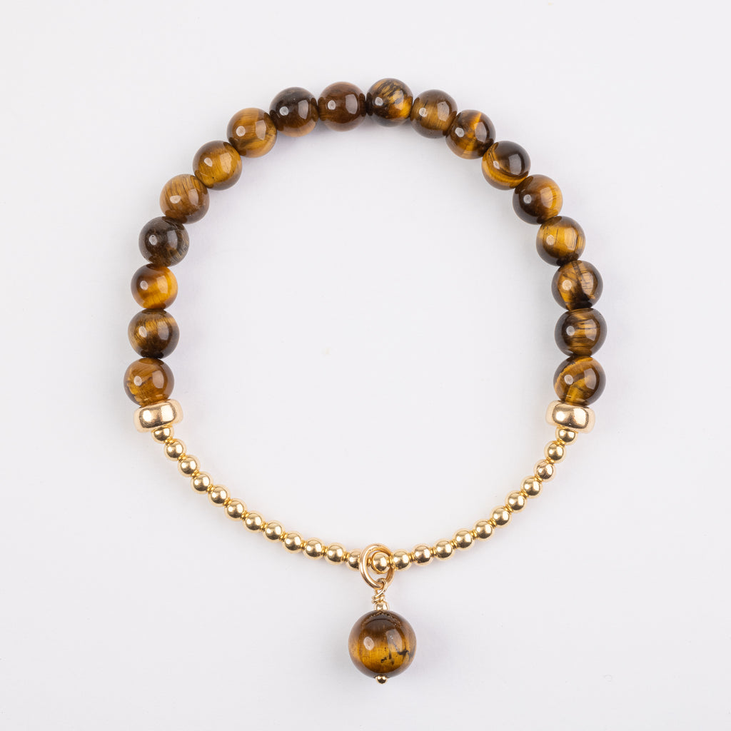 6mm Tiger's Eye 3mm Gold Half And Half Charm Bracelet
