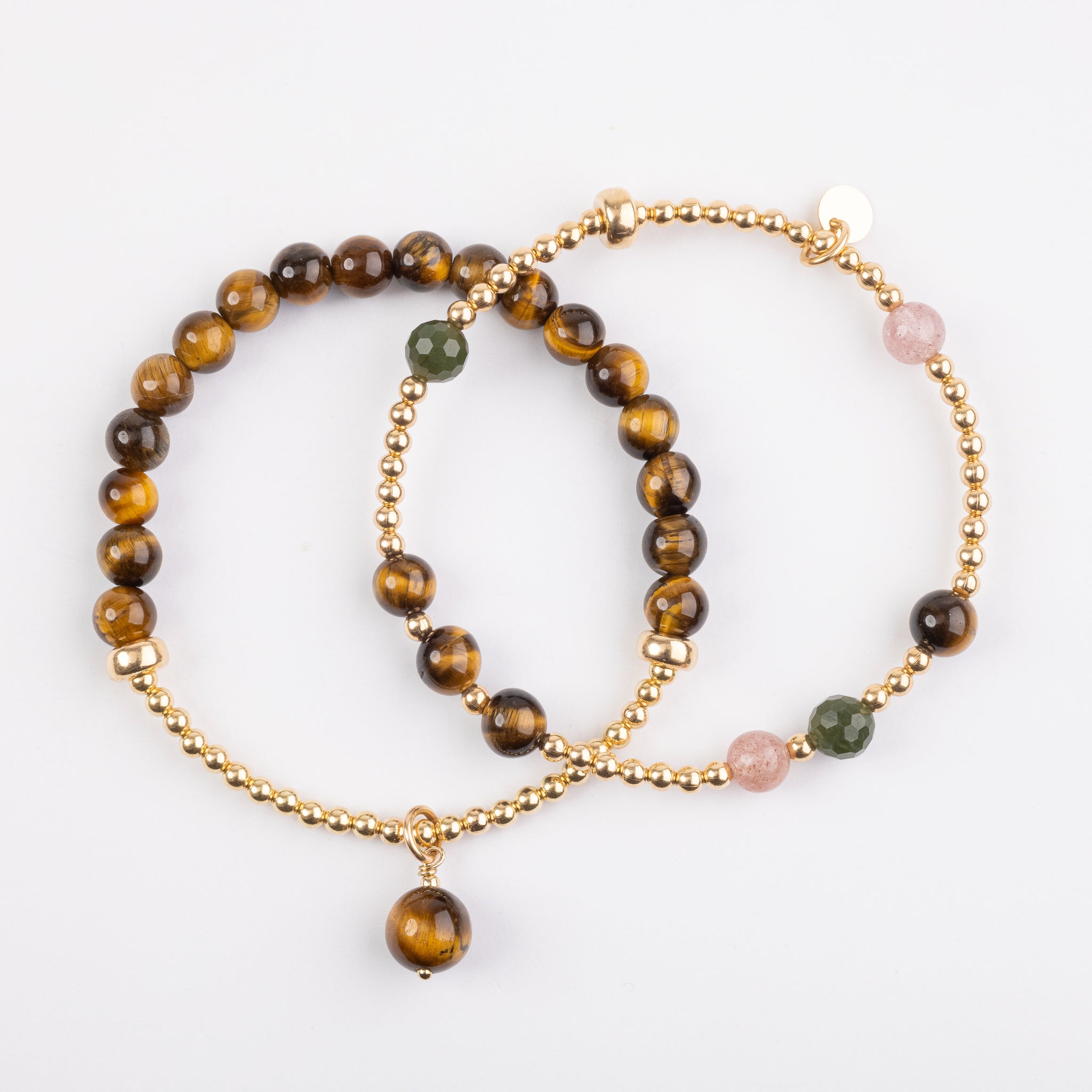 The Penelope - Tiger's Eye, Strawberry Quartz, BC Jade Gold Bracelet 2 Stack