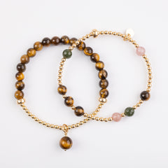 The Penelope - Tiger's Eye, Strawberry Quartz, BC Jade Gold Bracelet 2 Stack