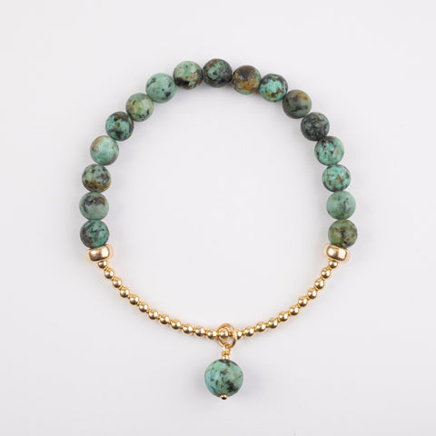 6mm Matte African Turquoise 3mm Gold Half And Half Charm Bracelet