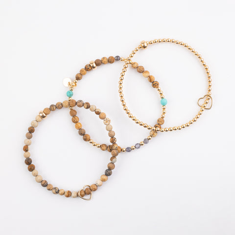 The Sahara - Picture Jasper, Turquoise, Iolite  Gold Bracelet 3 Stack
