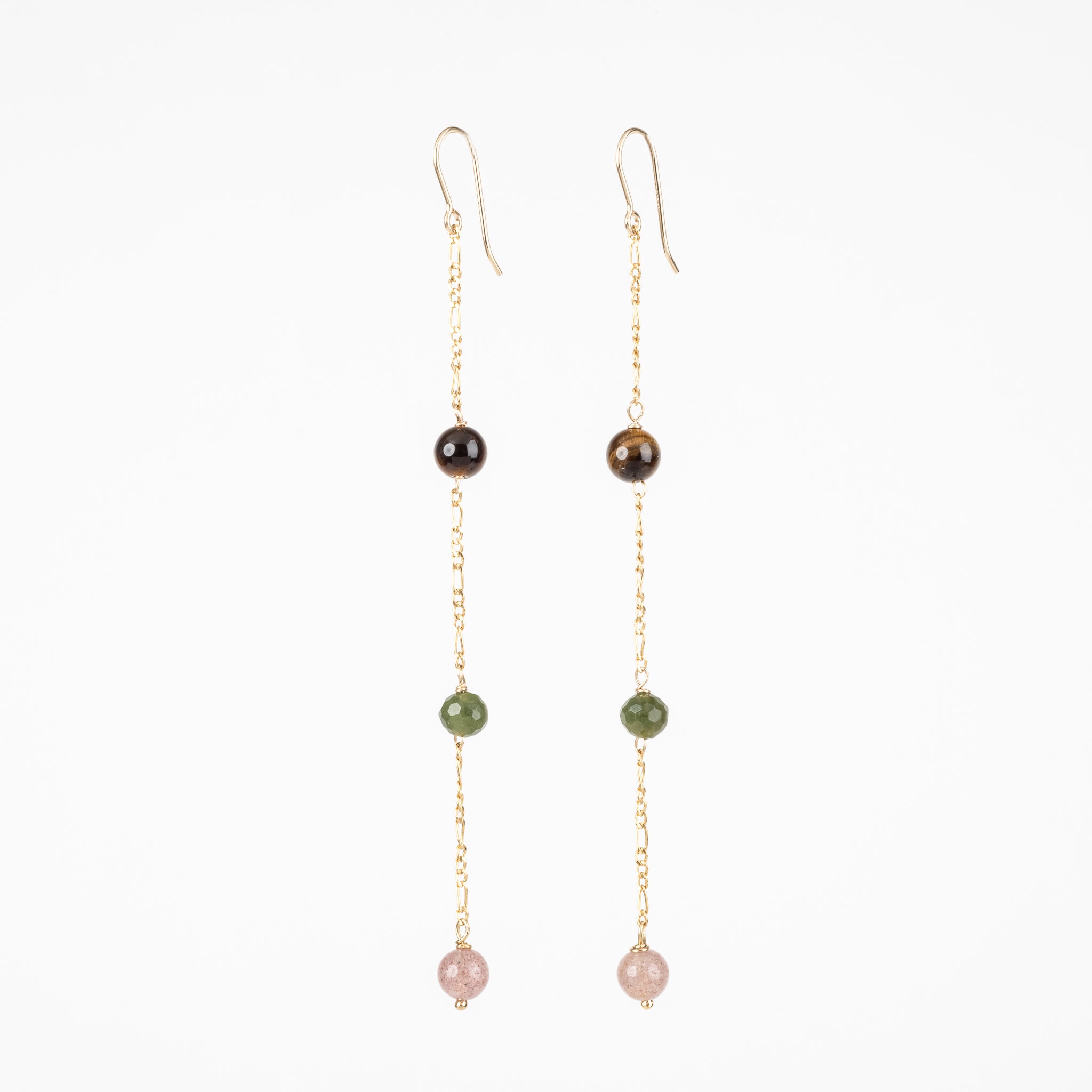 The Gianna - BC Jade, Tiger's Eye, Strawberry Quartz Gold Dangle Earrings