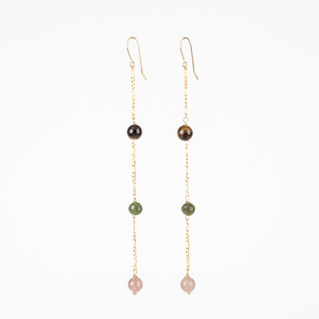 The Gianna - BC Jade, Tiger's Eye, Strawberry Quartz Gold Dangle Earrings